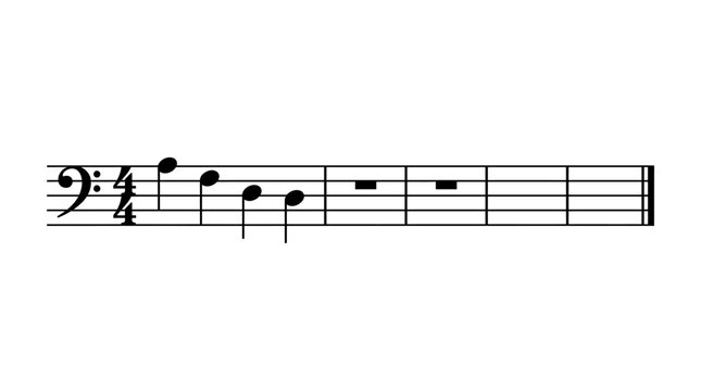 Simple bass-clef sheet music in 2/4 time with an ascending melody on the bass staff