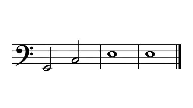 Bass clef on a five-line staff with a short sequence of notes illustrating basic musical notation
