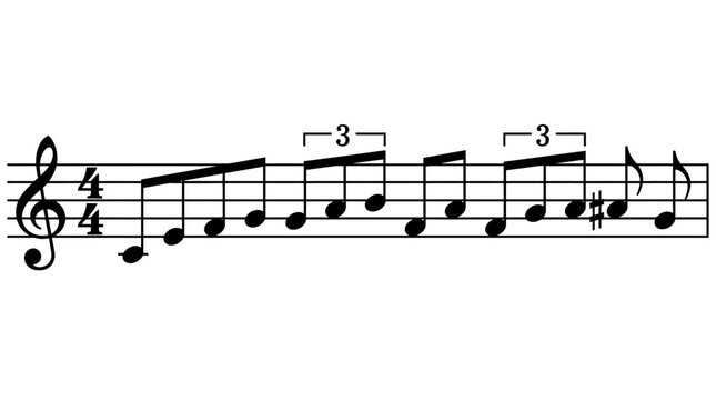 Treble clef sheet music snippet showing a rising melody in 4/4 time with triplet eighth notes, a clear example of musical notation.