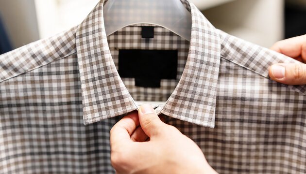 Close-up of hands adjusting the collar of a checked shirt on a hanger during quality control at a production or dry cleaner.