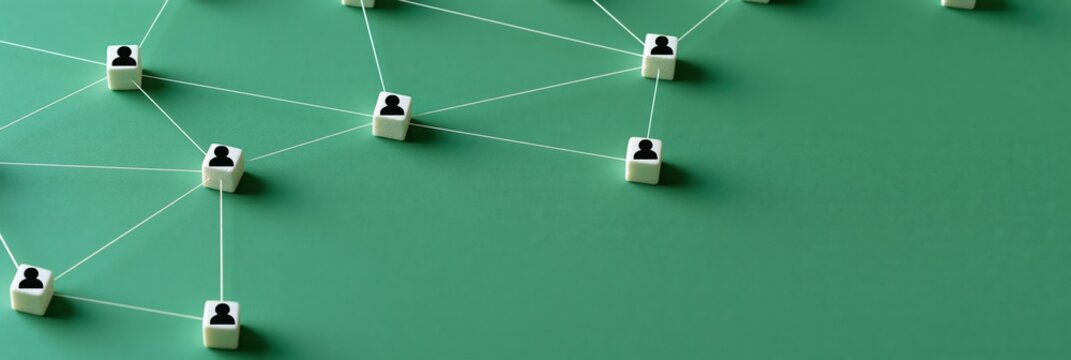 Close up linked user nodes on green surface for teamwork and communication background poster and abstract network layout design