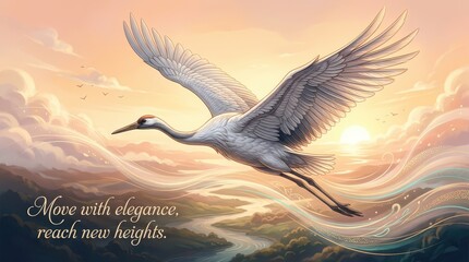 Obraz premium Elegant crane bird flying gracefully over a serene river landscape at sunset, symbolizing freedom an
