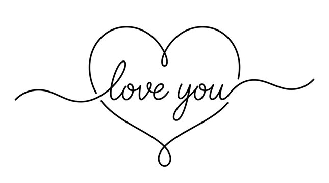 Elegant hand-drawn heart logo with cursive love you script and flowing line, romantic illustration for cards, weddings, and love-themed branding