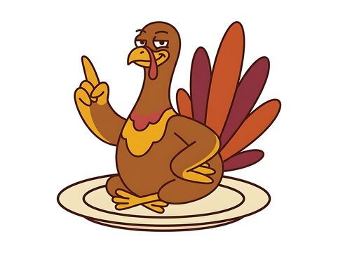 Cartoon thanksgiving turkey sitting on a dinner plate and pointing its finger up