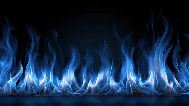 Beautiful wavy blue gas fire flames burning across dark black background abstract natural flame pattern for warm energy and cool technology concepts
