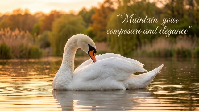 Elegant white swan gracefully swimming on a tranquil lake at sunset, reflecting nature's beauty