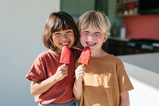 Two smiling children holding red popsicles in sunlight in a home kitchen enjoying a summer snack for poster and social media background