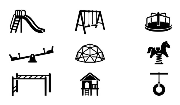 Set of playground equipment icons with slide and swing kids park recreation area childrens playground see saw jungle gym