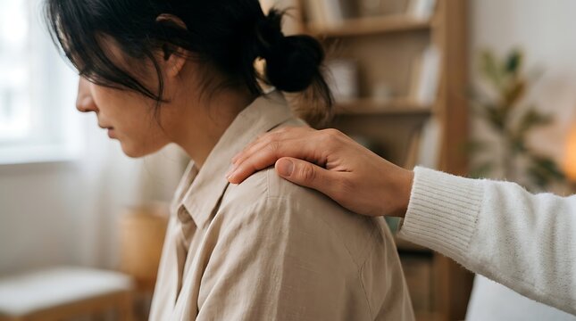 Close up hand resting comforting shoulder providing emotional support during difficult personal moment for young woman