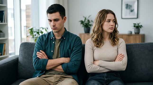 Frustrated young couple sitting apart with crossed arms experiencing relationship conflict at home