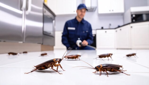 Cockroach infestation in kitchen with exterminator.