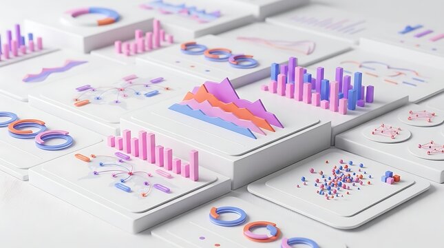 Three dimensional data visualization charts featuring colorful pastel graphs and global network connection analytics