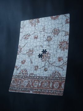 Conceptual Jigsaw Puzzle with Missing Pieces Representing Problem Solving Strategy and Business Challenges on Dark Background, High Angle View of Vintage Persian Rug Pattern Jigsaw Game Concept