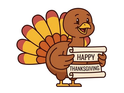 Cute cartoon turkey bird holding a sign that says happy thanksgiving