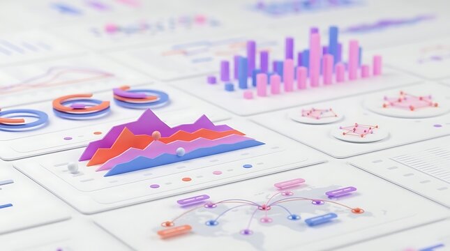 Digital financial dashboard featuring colorful three dimensional data visualization charts