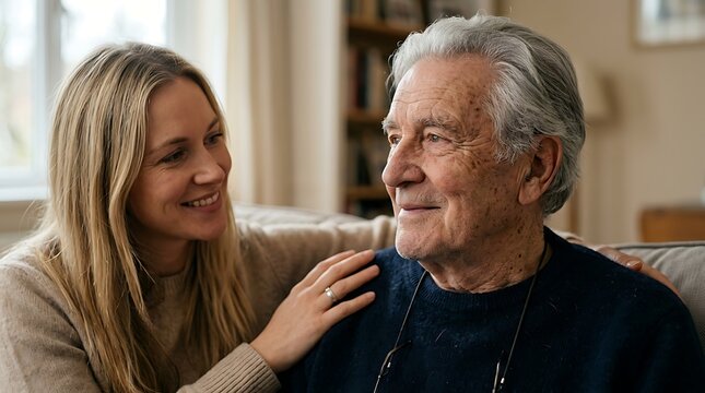 Young woman comforting senior man sitting together at home with gentle care