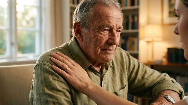Compassionate caregiver providing comfort to an elderly man sitting indoors during a quiet afternoon moment