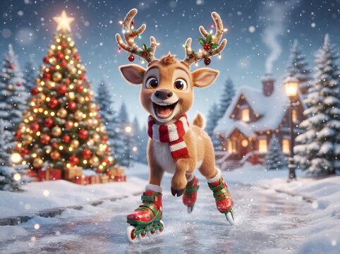 Cheerful reindeer skating towards a decorated christmas tree in a winter wonderland scene