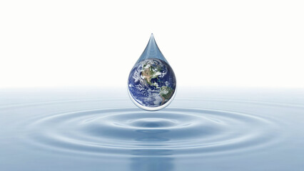 Fototapeta premium Single water drop containing world map falling into calm blue liquid for global environmental awareness.