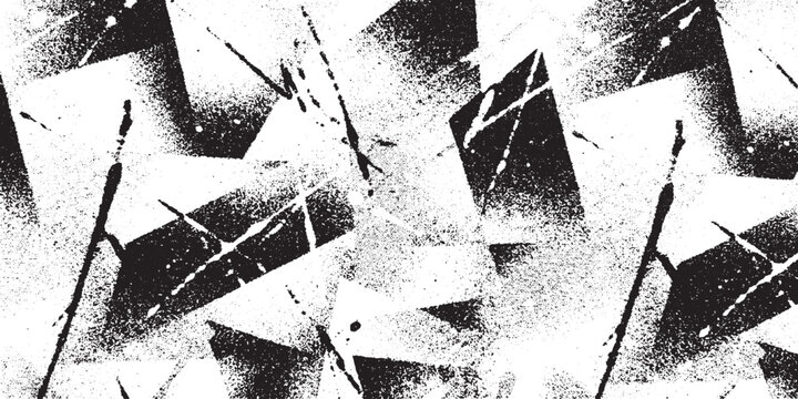 Abstract geometric grunge pattern with spray paint and splatters in monochrome for graphic design backgrounds