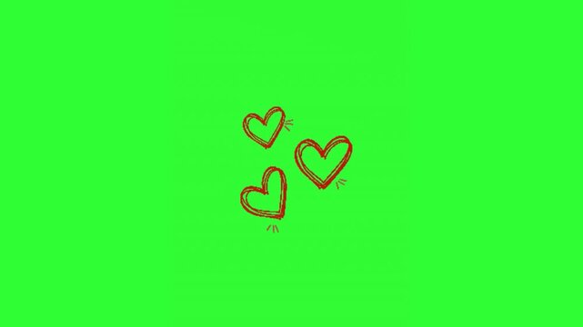 Animated trio of red hand-drawn outline hearts with small accent marks on a bright green screen, creating a playful romantic graphic for love videos, Valentine's Day content,