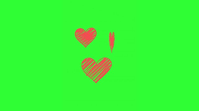 Animated trio of hand-drawn pink hearts moving back and forth on a bright green screen, featuring playful striped heart designs, ideal for romantic overlays, Valentine's Day videos, 