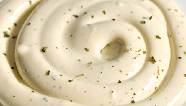Delicious swirled creamy mayonnaise or ranch dressing with herbs and spices close-up