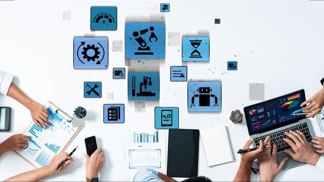 Predictive maintenance icons for industry, automation, smart factory and manufacturing showing data analysis, monitoring, robotics and system optimization with advanced maintenance solutions. Funnel