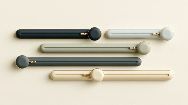 Four neutral muted colored sliding toggle bars with gold metallic accents on light beige solid background abstract modern minimal geometric 3d design concept