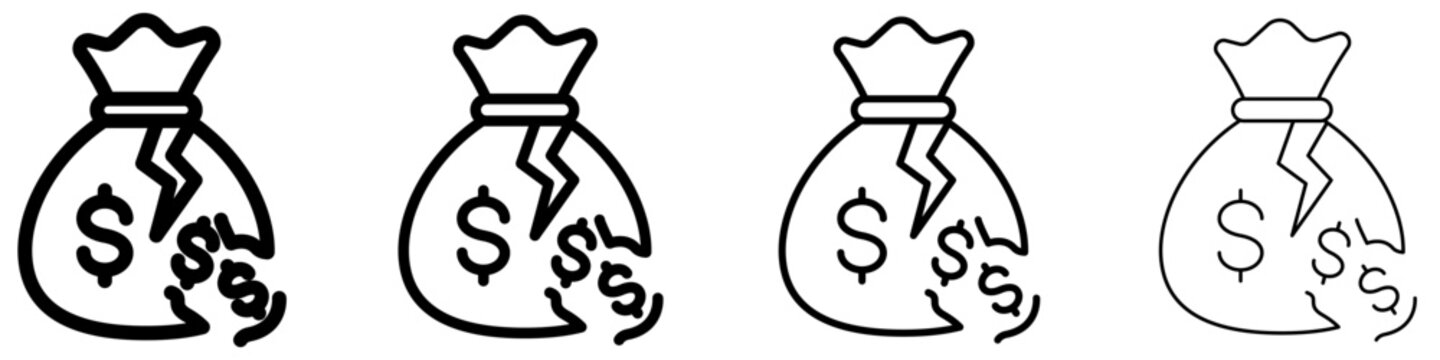 Broken money bag line icon for financial loss