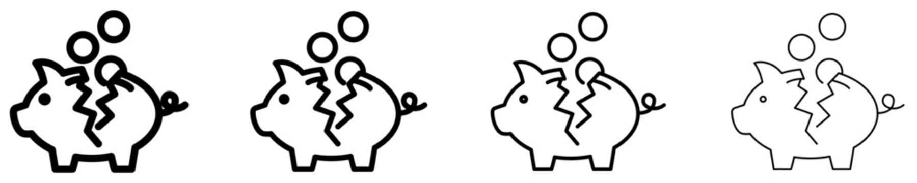 Broken piggy bank line icon with falling money coins