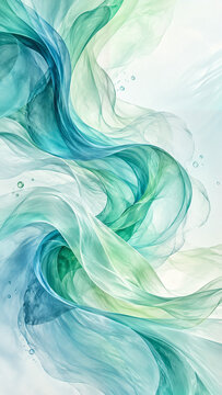 Abstract voile weightless waves in blue-green tones on a light background