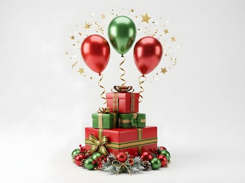 Festive arrangement of red and green balloons with gift boxes and holiday decorations