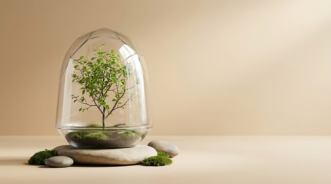Miniature tree growing inside a glass cloche on moss and stones