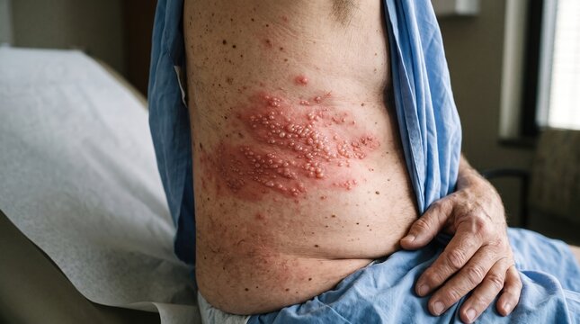 Patient Patient Side Torso Covered in Severe Shingles Herpes Zoster Blister Rash Outbreak
