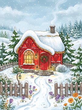 Cozy winter cottage illustration with snow covered roof and wreath on door
