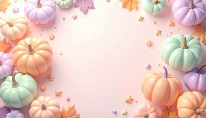Obraz premium Adorable cute pastel pumpkin background soft lavender pink pastel gourds arch border halloween copy space stock illustration