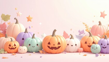 Fototapeta premium Cute pastel pumpkin background soft pink orange pumpkins line border halloween party invitation template copy space stock illustration