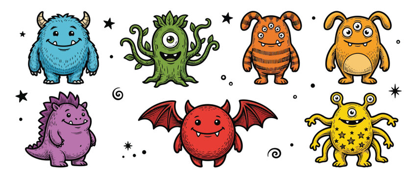 Set of Cute Cartoon Monsters in Colorful Hand-Drawn Sketch Style