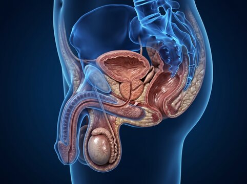 Detailed 3D medical illustration of male reproductive and urinary system anatomy.