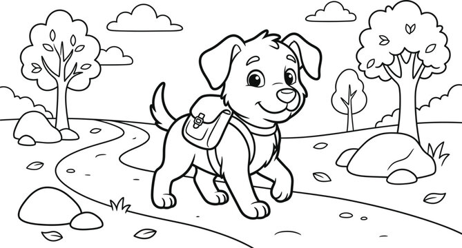 Cute Puppy Walking On Forest Path With Backpack Coloring Page Illustration