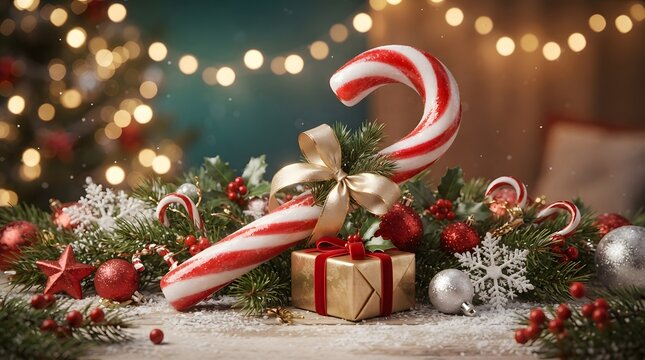 Festive candy cane with ribbon and gift on snowy christmas tree branch background