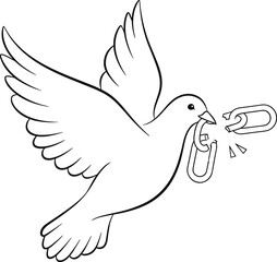 Fototapeta premium Flying pigeon bird holding broken metal chain link as a symbolic representation of freedom liberty and emancipation