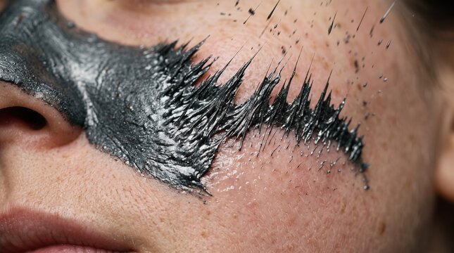 Macro of magnetic charcoal face mask particles lifting off female cheek skin