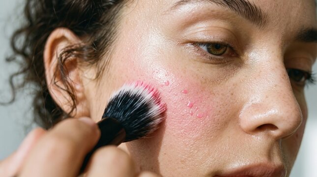 Close up of woman applying pink cream blush to cheek with duo fiber makeup brush