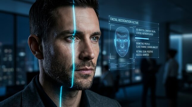 Advanced biometric facial recognition system scanning man for identity verification with digital futuristic interface overlay in smart office