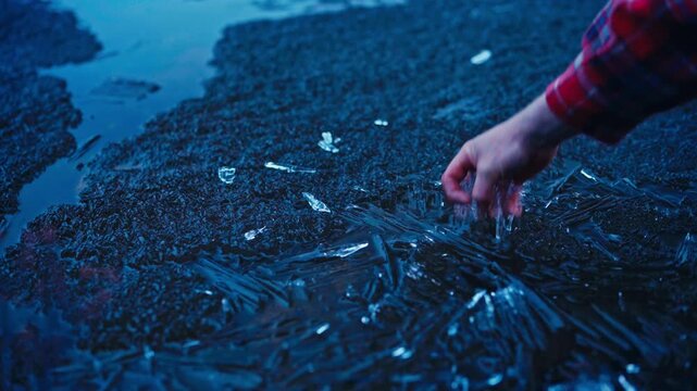 A man holds ice crystals on the surface of cold water, showing translucent ice formations floating in a natural outdoor setting