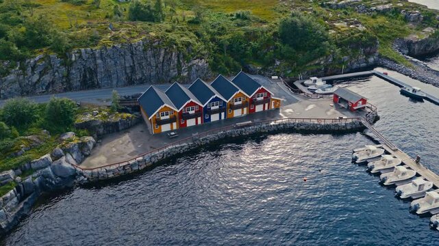 Stoksund Seapark in Revsnes, &Aring;fjord, Tr&oslash;ndelag, Norway, showing the coastal accommodation and surrounding sea landscape - drone shot