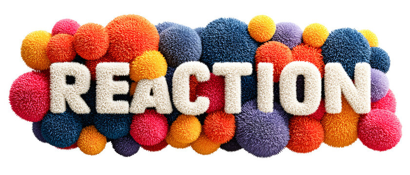 Colorful textured spheres form word REACTION in playful, abstract design. vibrant geometric shapes create dynamic and engaging visual., isolated