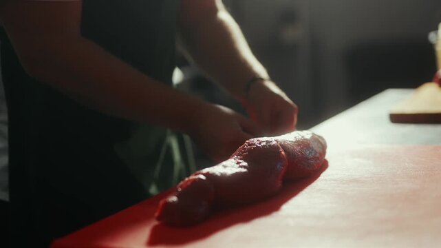 Chef slices salami on a cutting board in a hotel kitchen setting